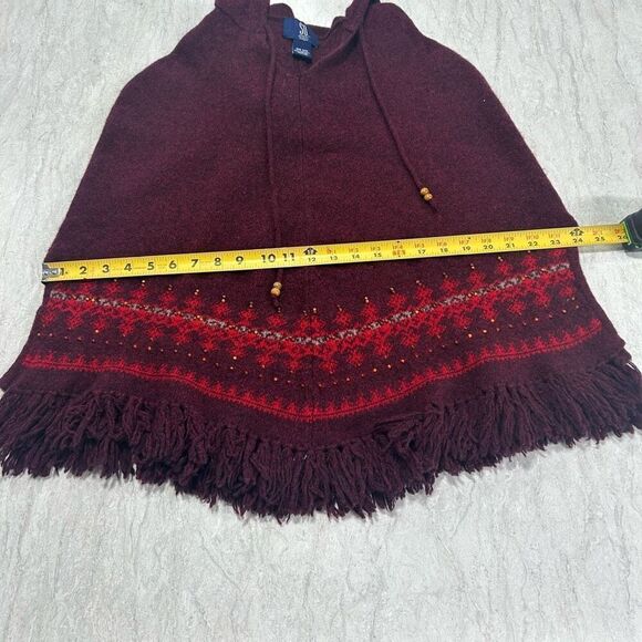 SO GSJC Women's Vintage Lambswool Hooded Poncho Red Fringe Fair Isle Beaded OS - Picture 9 of 12